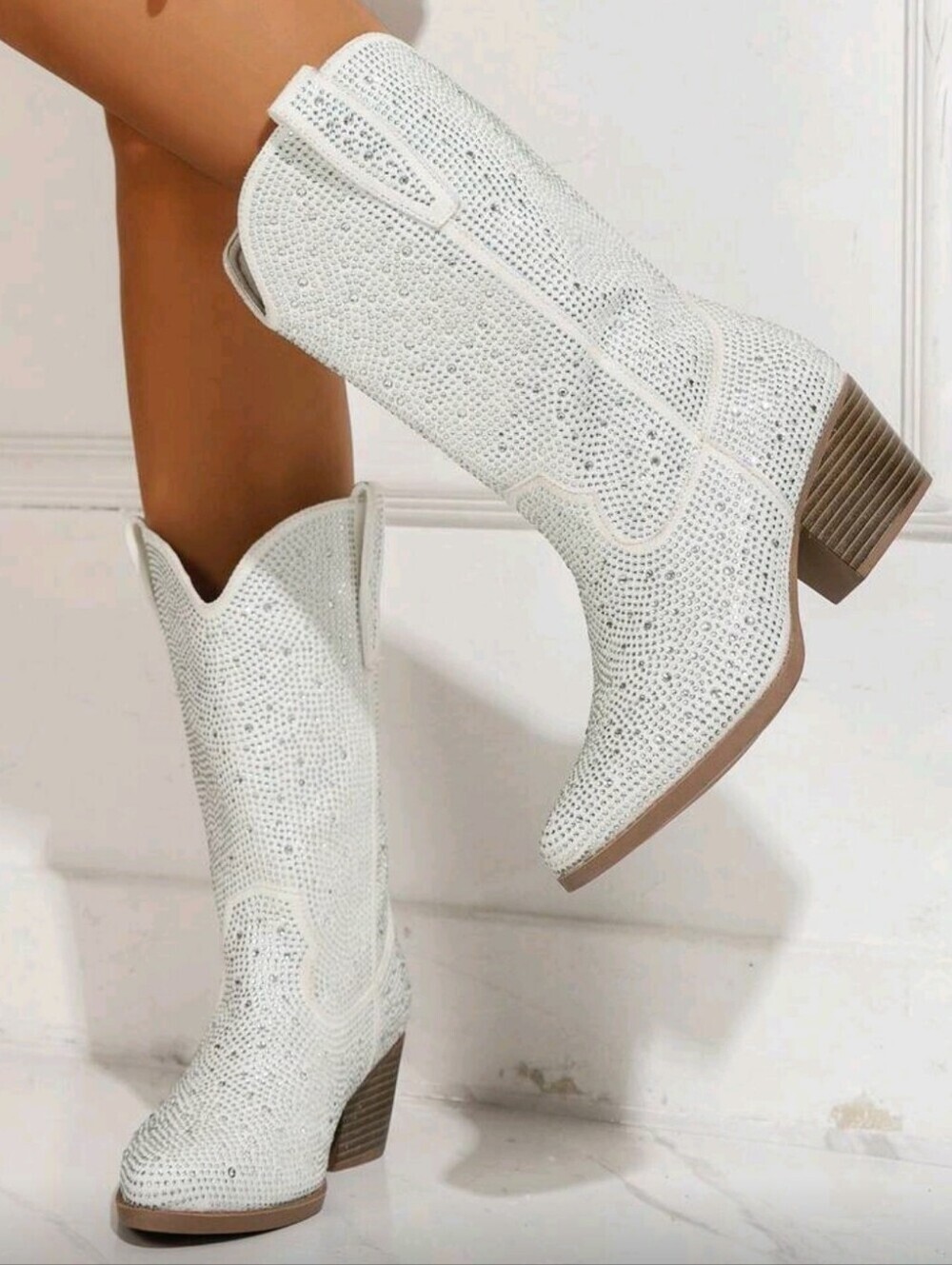 Black/White Rhinestone Western Boots For Women, Mid Calf Chunky Heel Pointed Toe - Picture 3 of 6